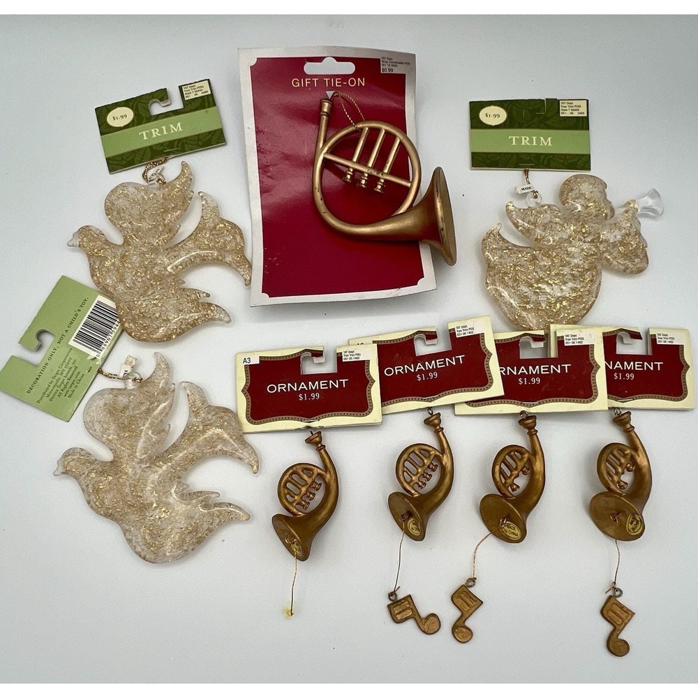 Gold Ornament Resin Dove Angel & French Horn Lot of 8 2002-2003 NWT